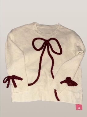 ROMWE Cream Crewneck Sweater with Burgundy Bow Detail